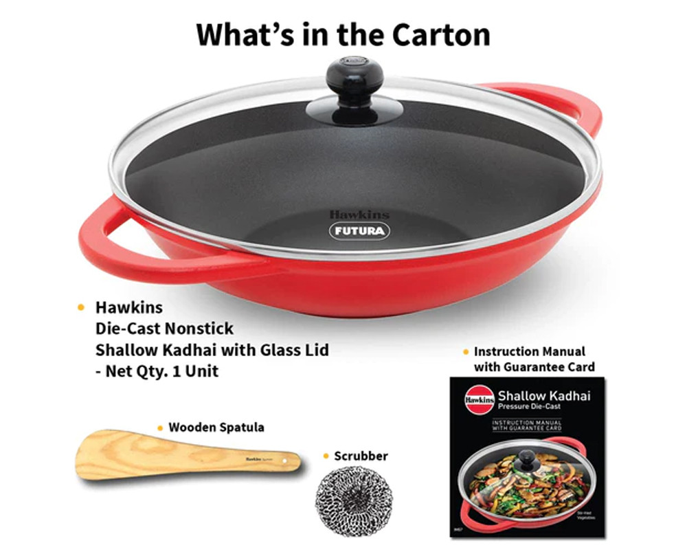 Hawkins Die Cast Non Stick 3 Litre Shallow Kadhai with Glass Lid |- Induction Bottom | Red & Black