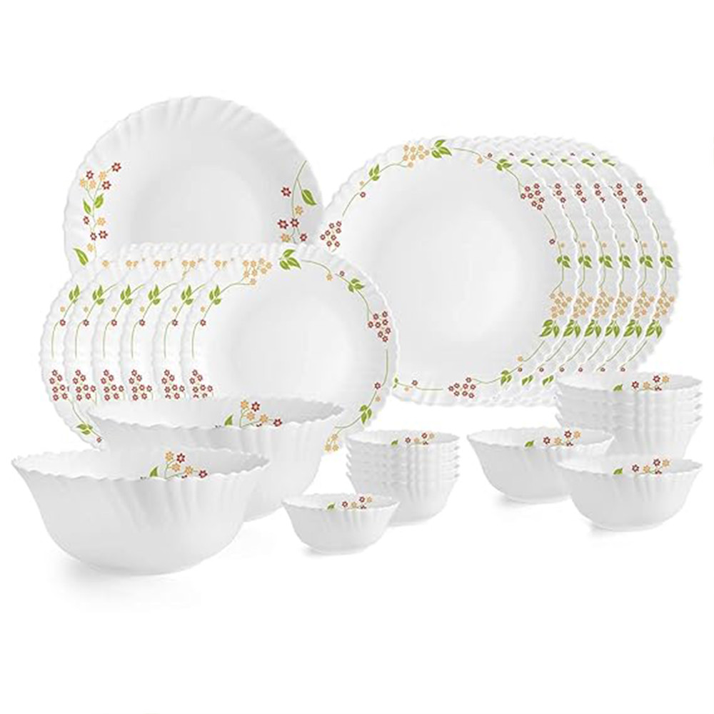 Cello Opalware Dazzle Series Secret Garden Dinner Set, 27 Units - Opal Glass Dinner Set for 6 - Light-Weight, Daily Use Crockery Set for Dining -White Plate and Bowl Set