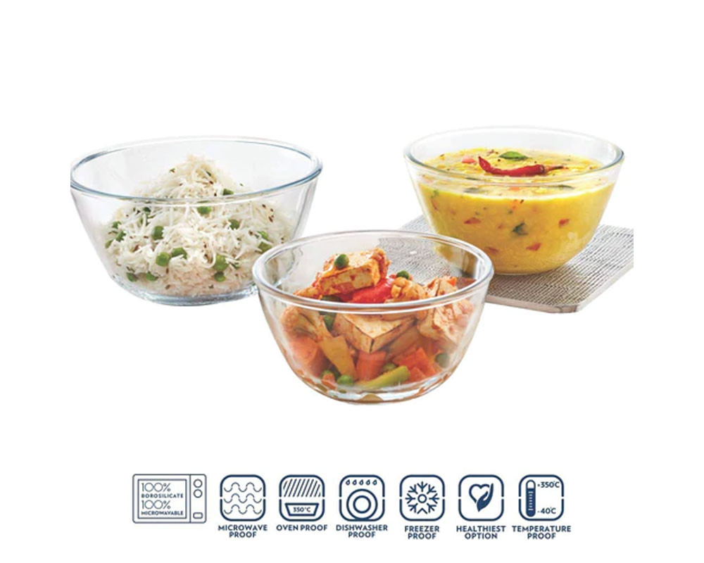 Borosil Glass Mixing Bowl - Set of 3 (500 ML + 900 ML + 1.3L)- Oven and Microwave Safe